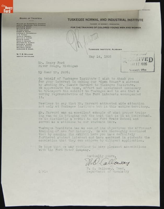 Correspondence between Frank Campsall (for Henry Ford) and N. O. Calloway regarding Claude Harvard's Visit to Tuskegee Institute, May 1935