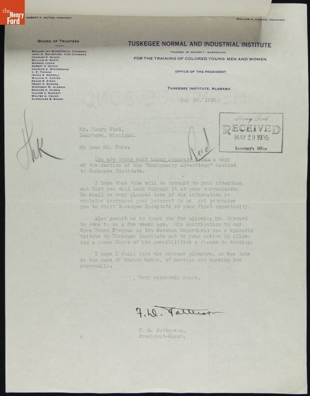 Correspondence between F. D. Patterson and Frank Campsall (for Henry Ford) regarding Claude Harvard's Visit to Tuskegee Institute, May-June 1935