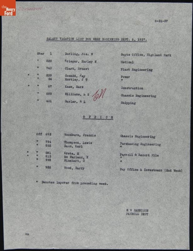 Salary Vacation List for Week Beginning September 6, 1937