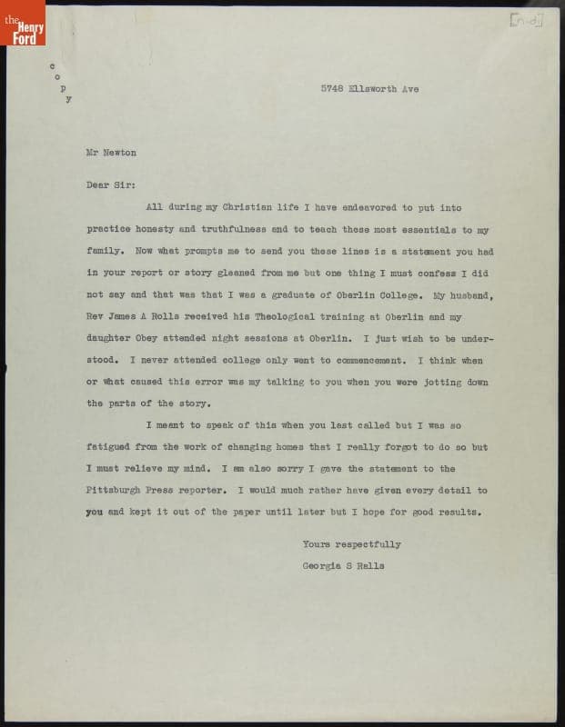 Letter from Georgia Singleton Ralls to Charles T. Newton in the Office of Henry Ford, circa 1935