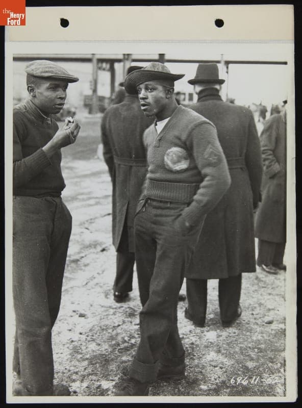 Men outside Ford Rouge Plant, December 23, 1937