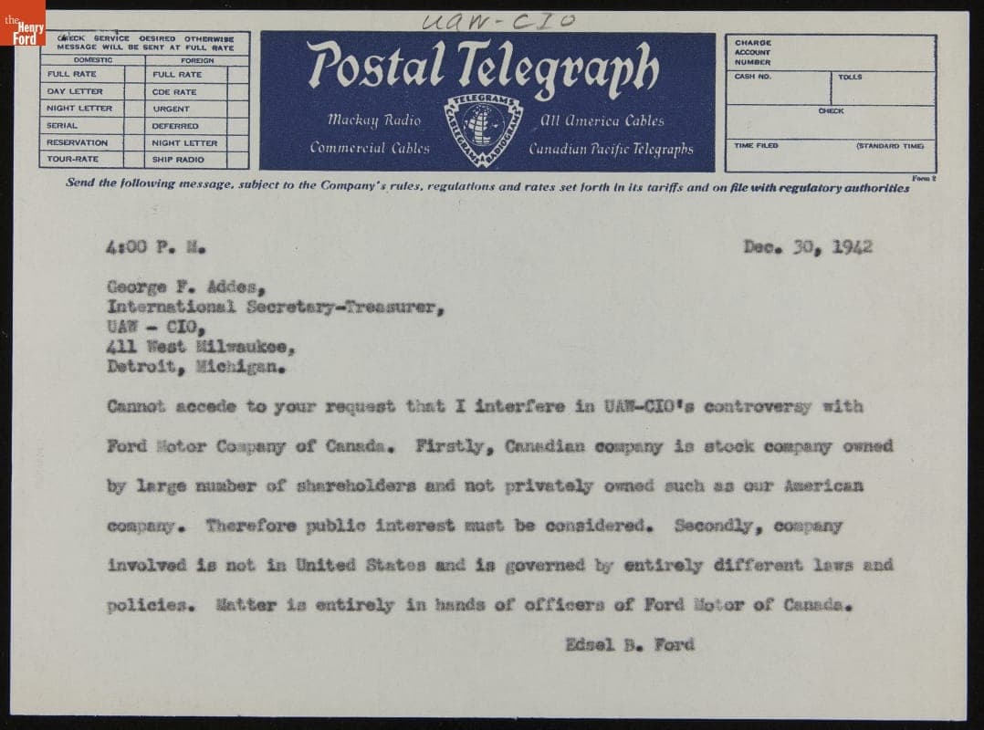 Telegram from Edsel Ford to George Addes Regarding UAW at Canadian Ford Branches, December 30, 1942