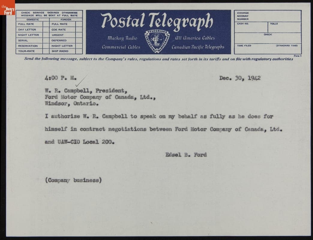 Telegram from Edsel Ford Authorizing W. R. Campbell to Negotiate with UAW-CIO in Canada, December 30, 1942