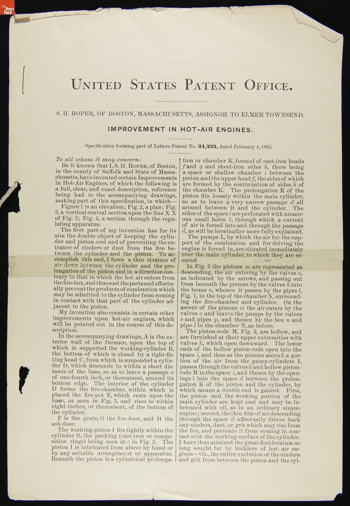 Improvement in Hot-Air Engines, S. H. Roper, Specification Forming Part of Letters Patent No. 34,333, February 4, 1862