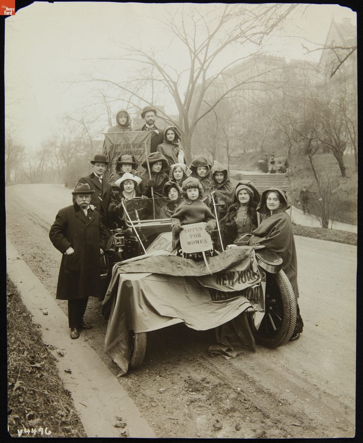 Olive Schultz at the Wheel of a Buick Automobile with Other Suffragists Prior to the New York to Washington, D.C. Suffrage Hike, 1913
