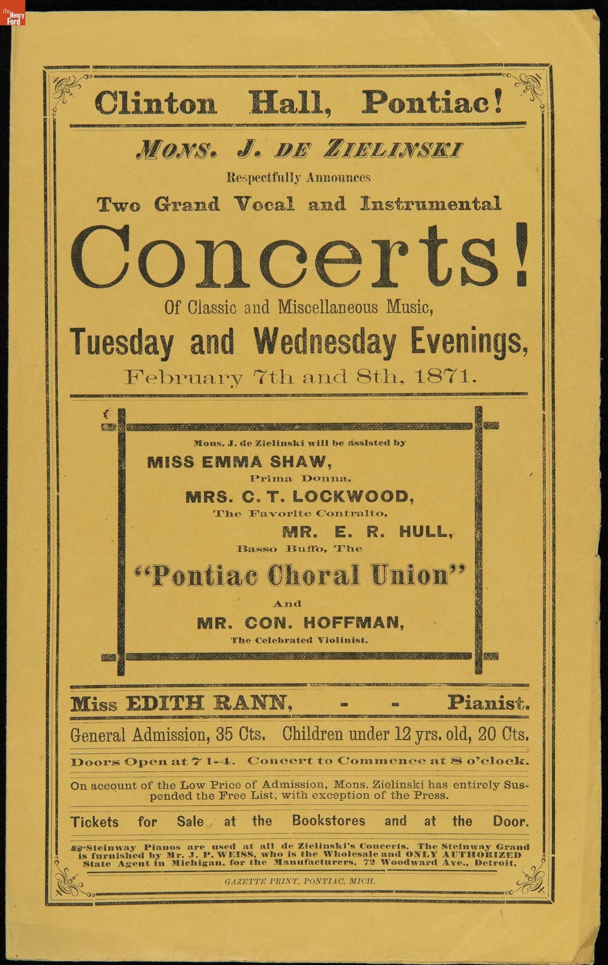 Program, "Two Grand Vocal and Instrumental Concerts! of Classic and Miscellaneous Music," Clinton Hall, Pontiac, February 7 and 8, 1871