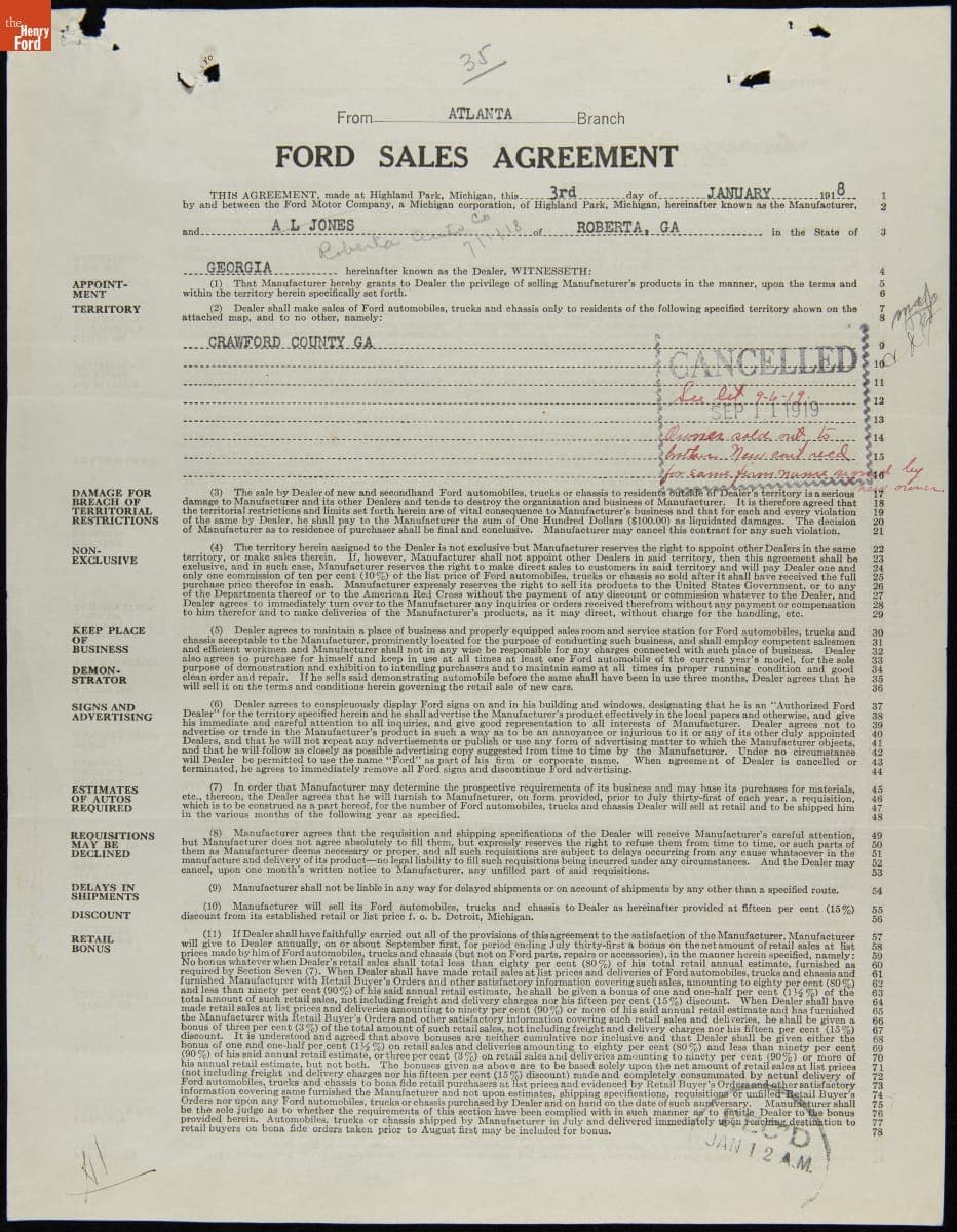 Cancelled Ford Sales Agreement for Roberta Auto Company, Roberta, Georgia, September 11, 1919