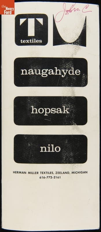 Herman Miller Textiles Swatch Card, "Naughahyde, Hopsak, Nilo," 1968-1970