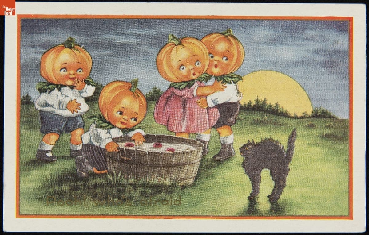 Halloween Postcard Showing Pumpkin-head Children Bobbing for Apples, 1910-1915