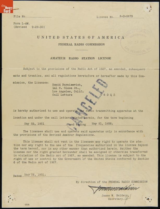 Amateur Radio License for Hamid Durmisevich, Station W6DQZ, Issued May 22, 1931