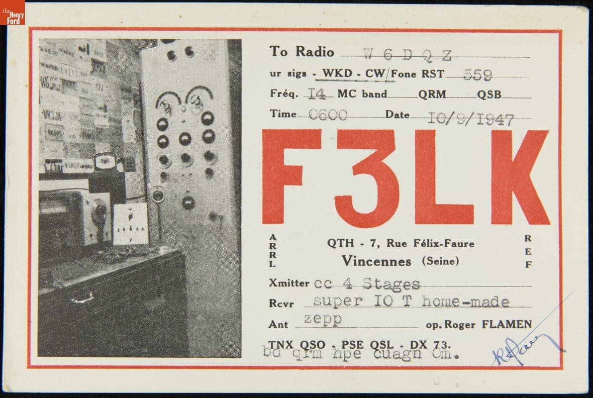 QSL Card from F3LK (France) to W6DQZ (Hamid Durmisevich, Los Angeles, California), September 9, 1947