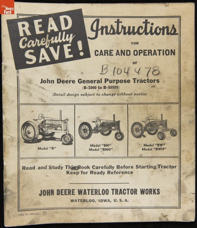 "Instructions for Care and Operation of John Deere General Purpose Tractors (B-1000 to B-59999)," 1935-1939