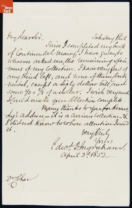 Letter from Edward D. Ingraham to Joshua I. Cohen, April 3, 1852