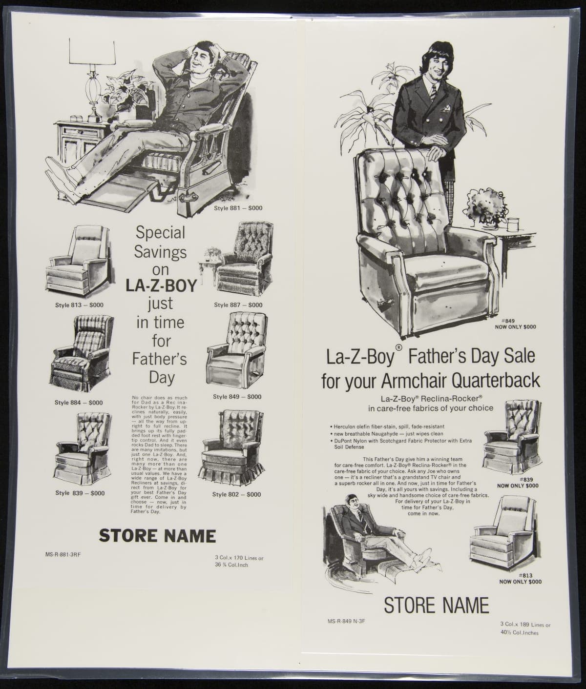 Advertising Poster Featuring Joe Namath, "La-Z-Boy Father's Day Sale for Your Armchair Quaterback," 1975