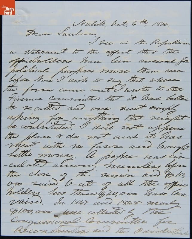 Letter from Henry Wilson to Sanborn, October 6, 1870