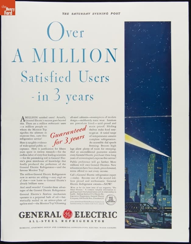 Advertisement for General Electric Refrigerators, "Over a Million Satisfied Users--in 3 Years," 1931