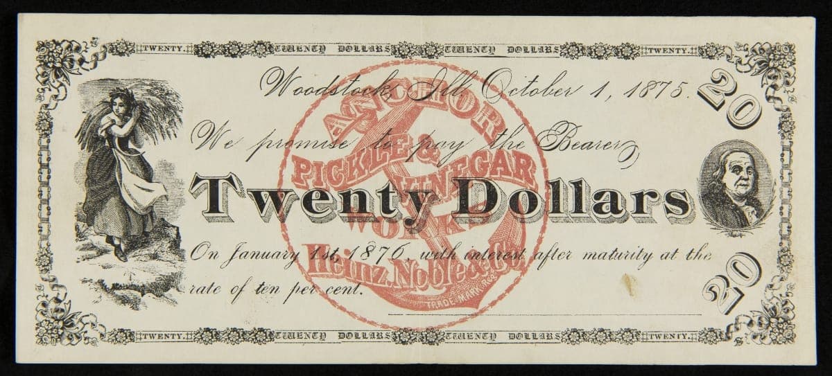 Twenty Dollar Promissory Note from Heinz, Noble & Company, Woodstock, Illinois, Issued October 1, 1875