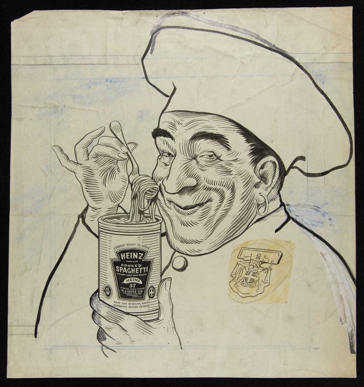 Advertising Layout Showing Chef with Heinz Cooked Spaghetti, circa 1925