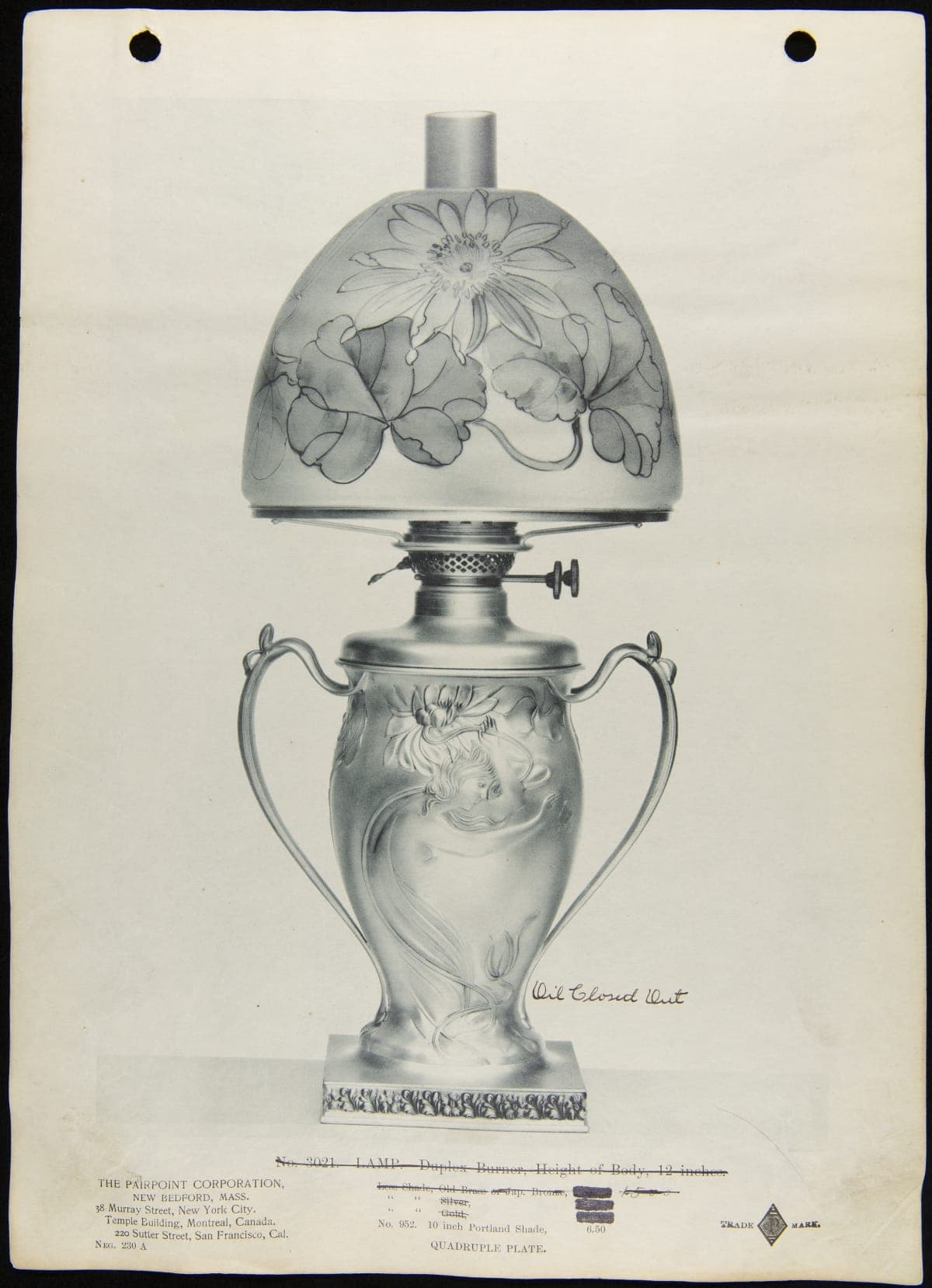 Trade Literature for Pairpoint Oil Lamp No. 3021, 1899-1907