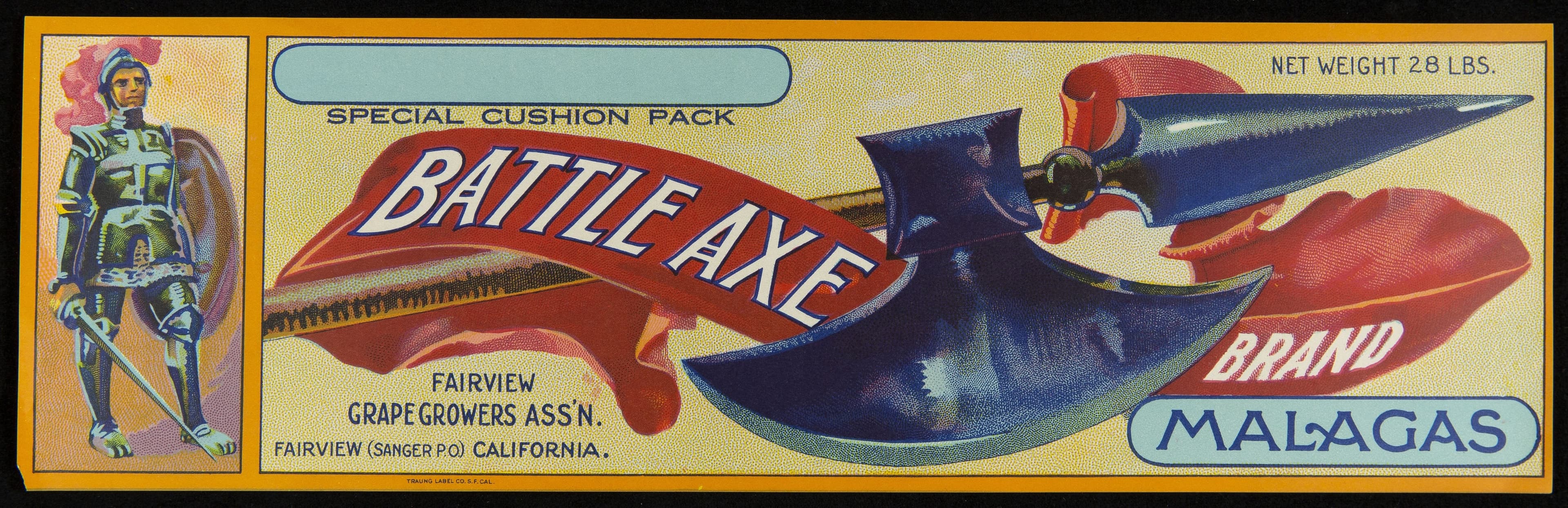 Crate Label, "Battle Axe Brand Malagas Grapes," 1916-1932