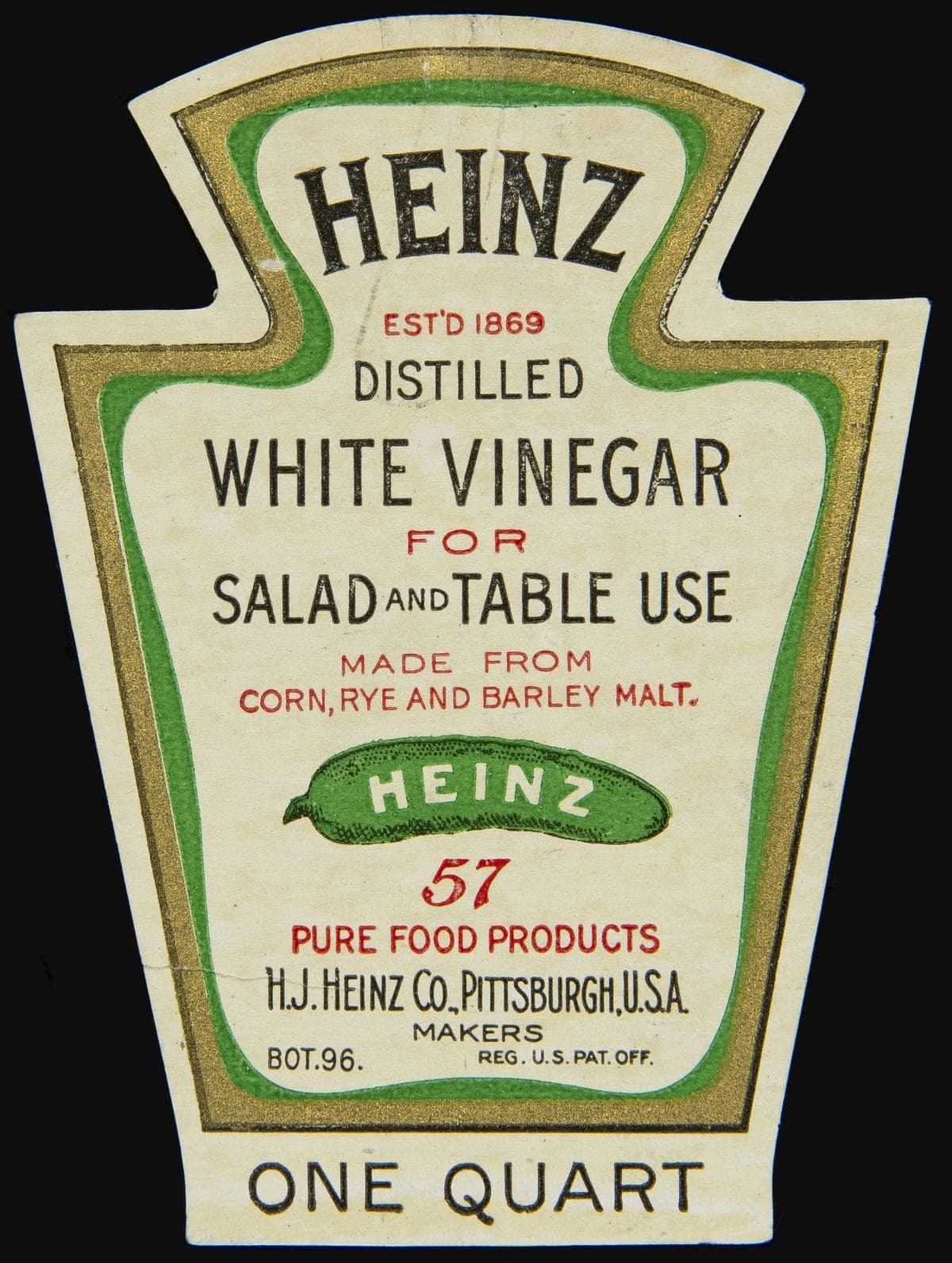 Label, "H. J. Heinz Brand Distilled White Vinegar," 1888-1940