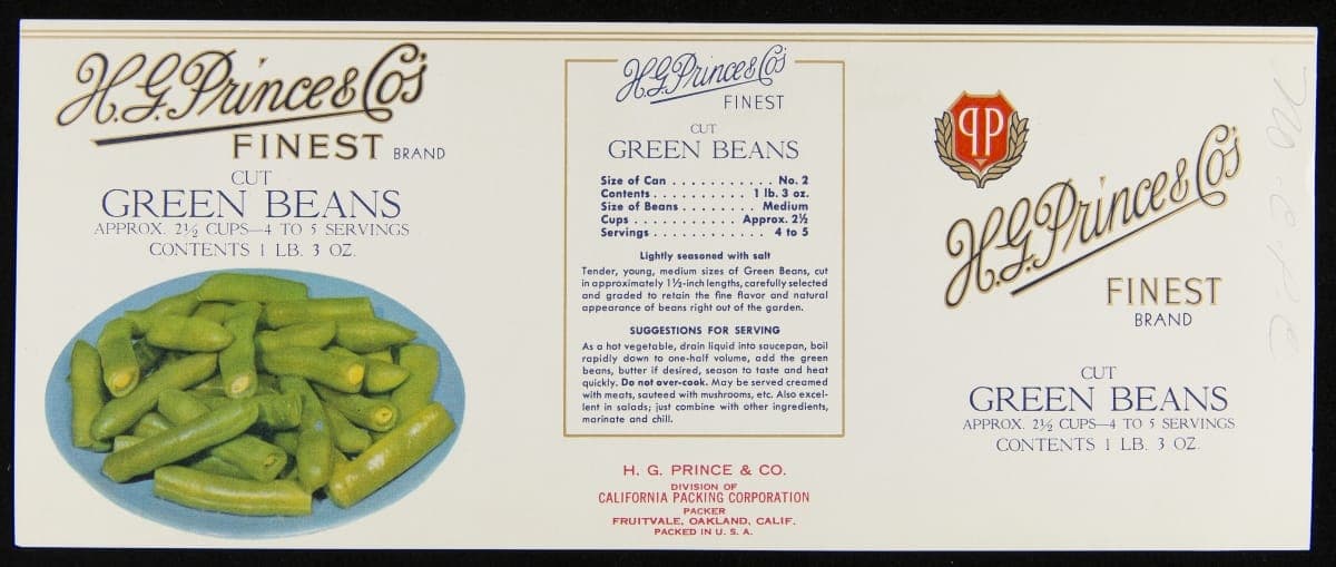 Can Label, "H. G. Prince & Co.'s Brand Cut Green Beans," 1928-1940