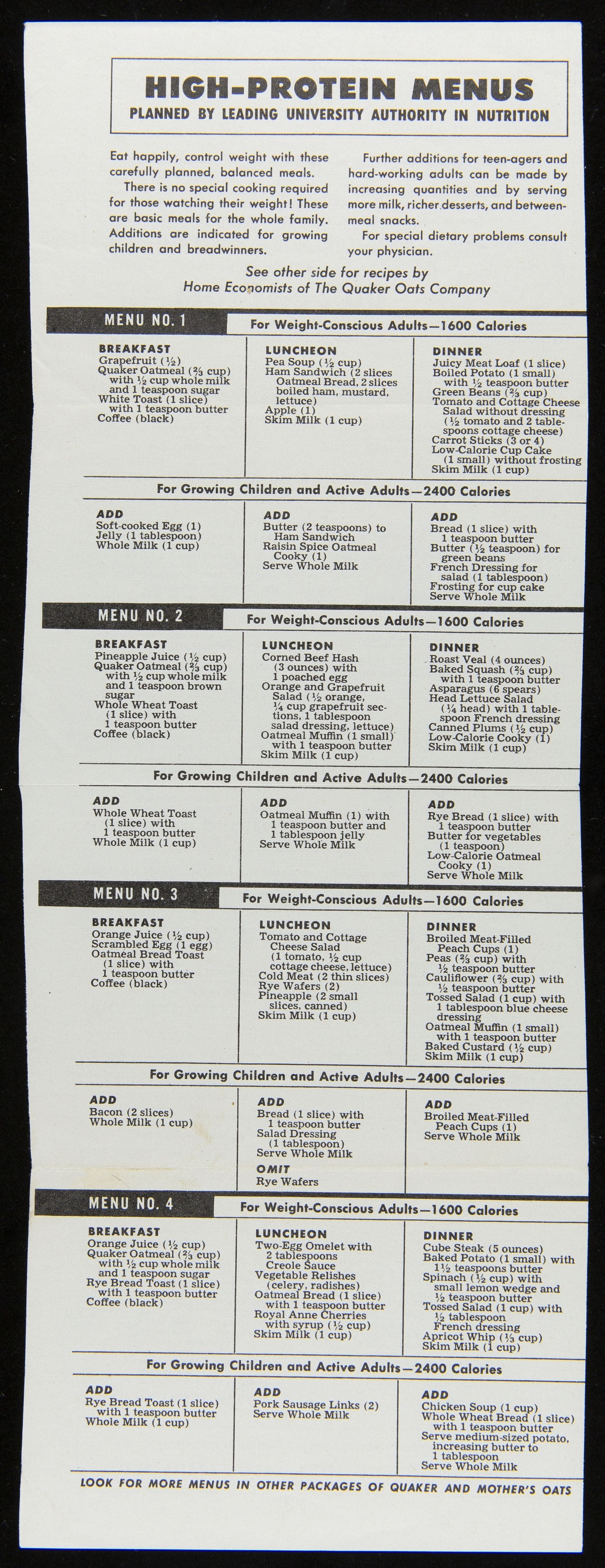 Recipe Flier, "High-Protein Menus," 1954