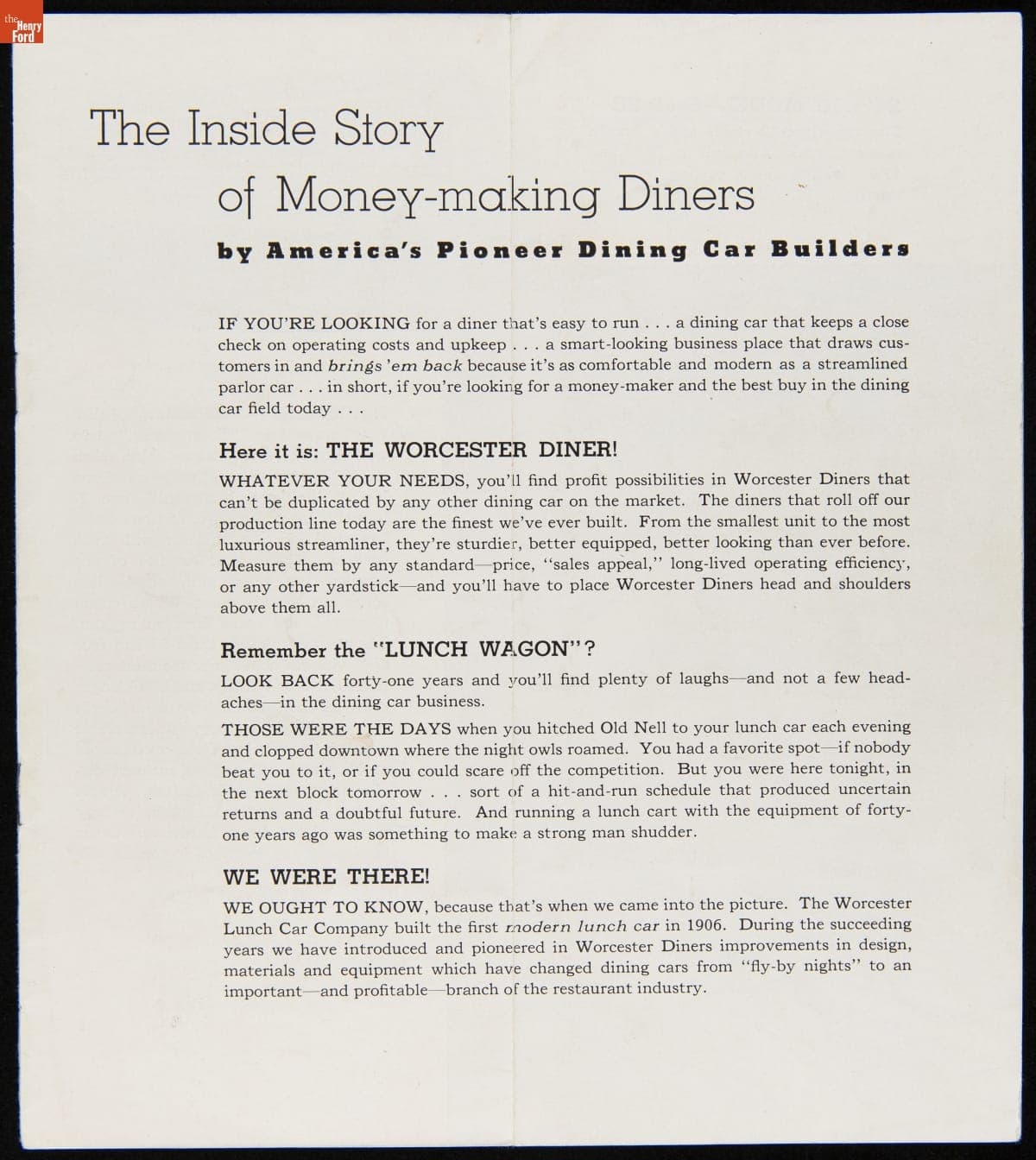 "The Inside Story of Money-making Diners" Worcester Lunch Car Company Catalog, 1946