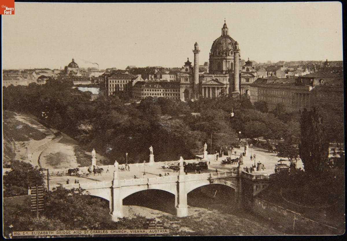 Trade Card for C.I. Hood & Co. with Hood's Photos of the World, "Elizabeth Bridge and St. Charles Church, Vienna, Austria," 1890-1910
