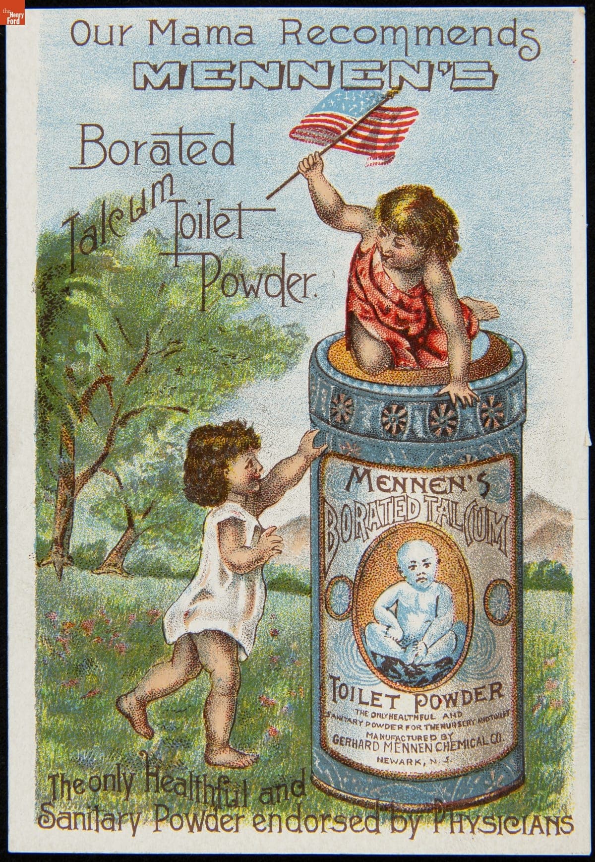 Trade Card for the G. Mennen Chemical Company, "Our Mama Recommends Mennen's Borated Talcum Toilet Powder," 1880-1900