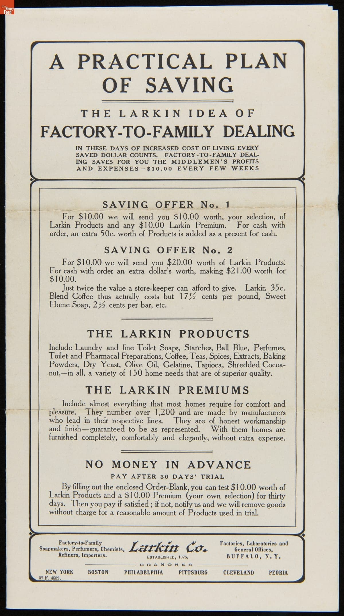 Larkin Company Trade Catalog, "A Practical Plan of Saving: The Larkin Idea of Factory-To-Family Dealing," circa 1906