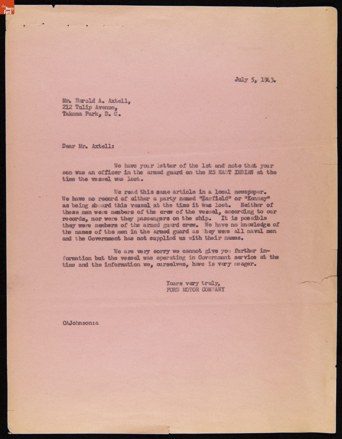 Letter from Ford Motor Company to Harold Axtell regarding the Sunken Ford Freighter "East Indian," July 5, 1943