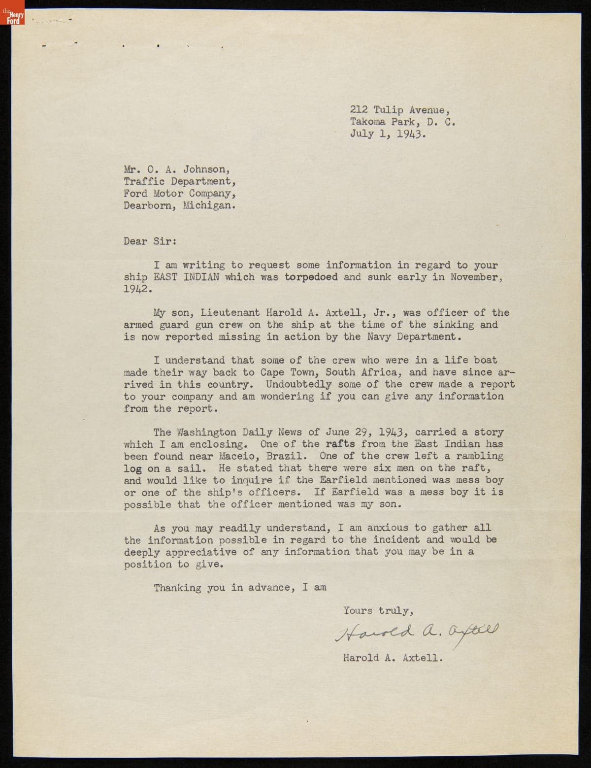 Letter from Harold Axtell to Ford Motor Company regarding the Sunken Ford Freighter "East Indian," July 1, 1943