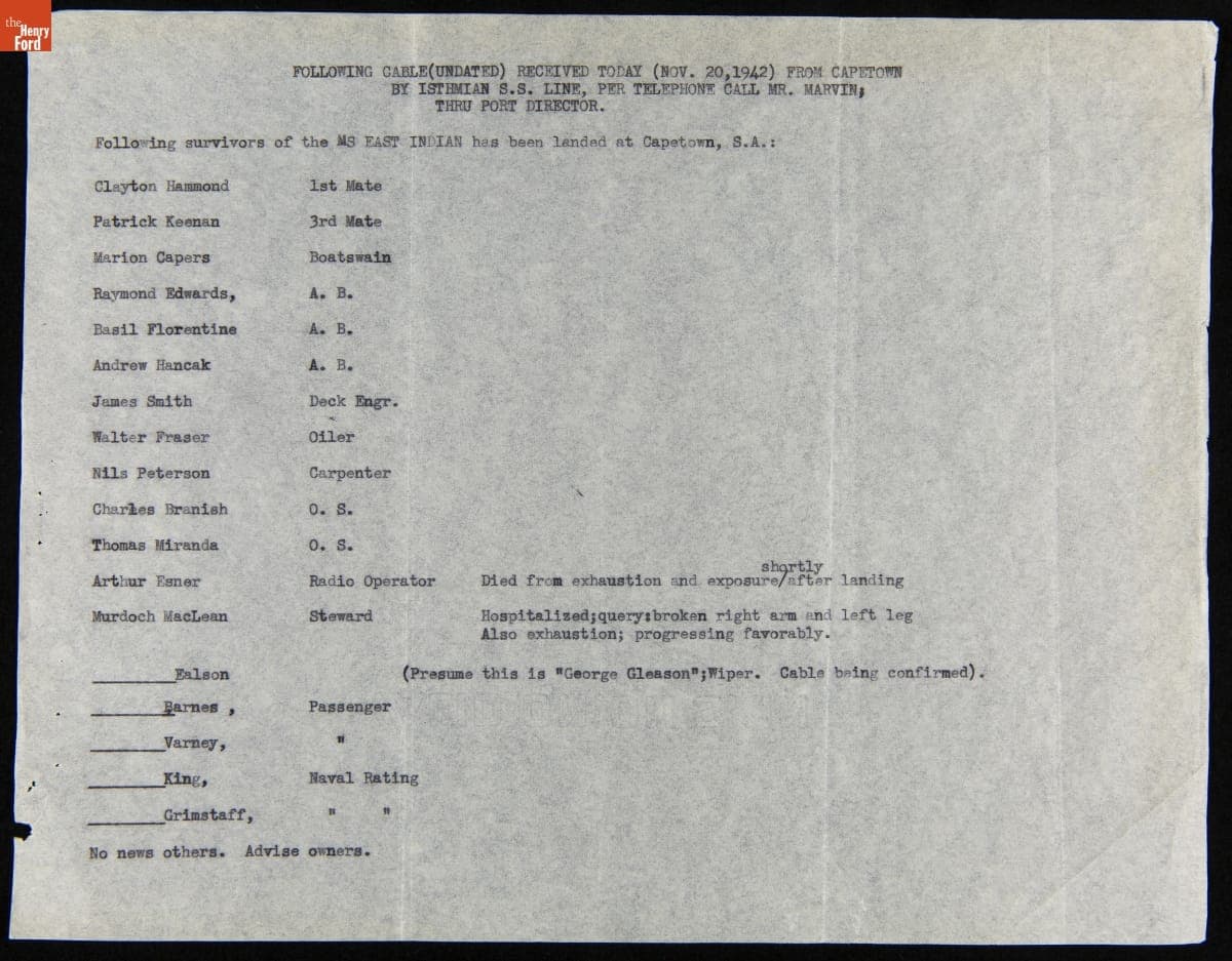 List of Surviving Crew Members of Sunken Ford Freighter "East Indian," November 20, 1942