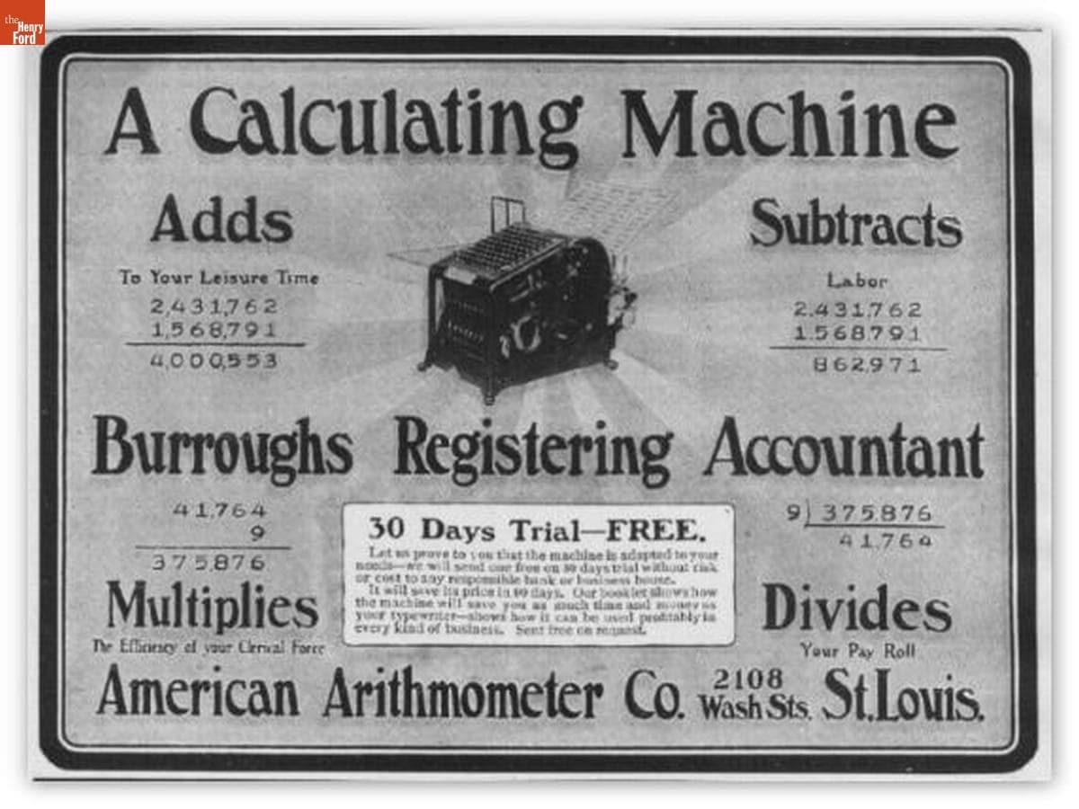 Advertisement for the Burroughs Adding Machine Class 1, 1901-1907