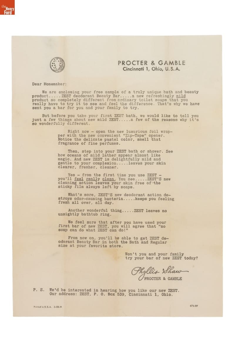 Form Letter from Procter & Gamble Inserted with Free Sample Bar of Zest Soap, 1958