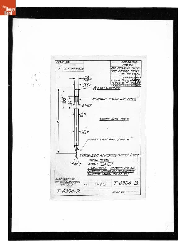 Drawing, "Vaporizer Adjusting Needle Point," Ford Model T, July 9, 1926