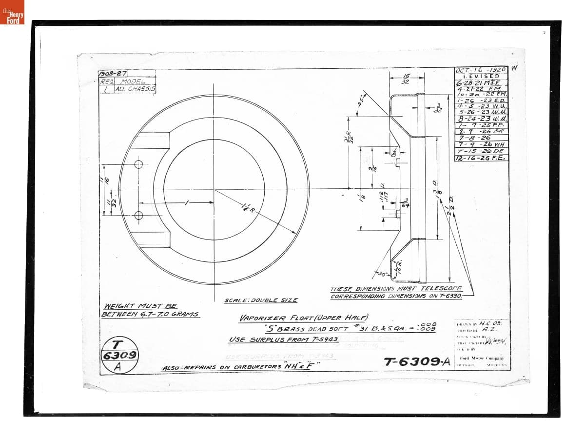 Drawing, "Vaporizer Float (Upper Half)," Ford Model T, December 16, 1926