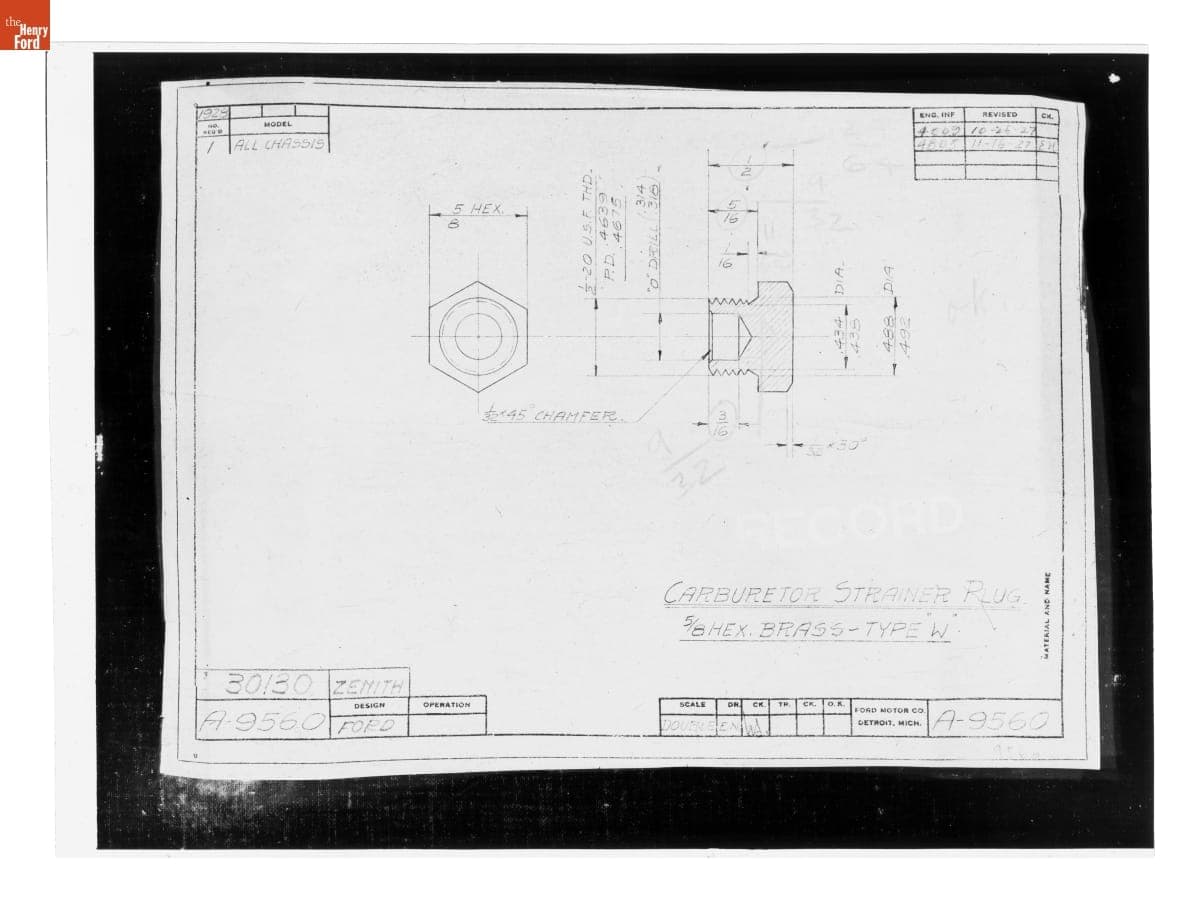 Drawing, "Carburetor Strainer Plug," Ford Model A, November 16, 1927