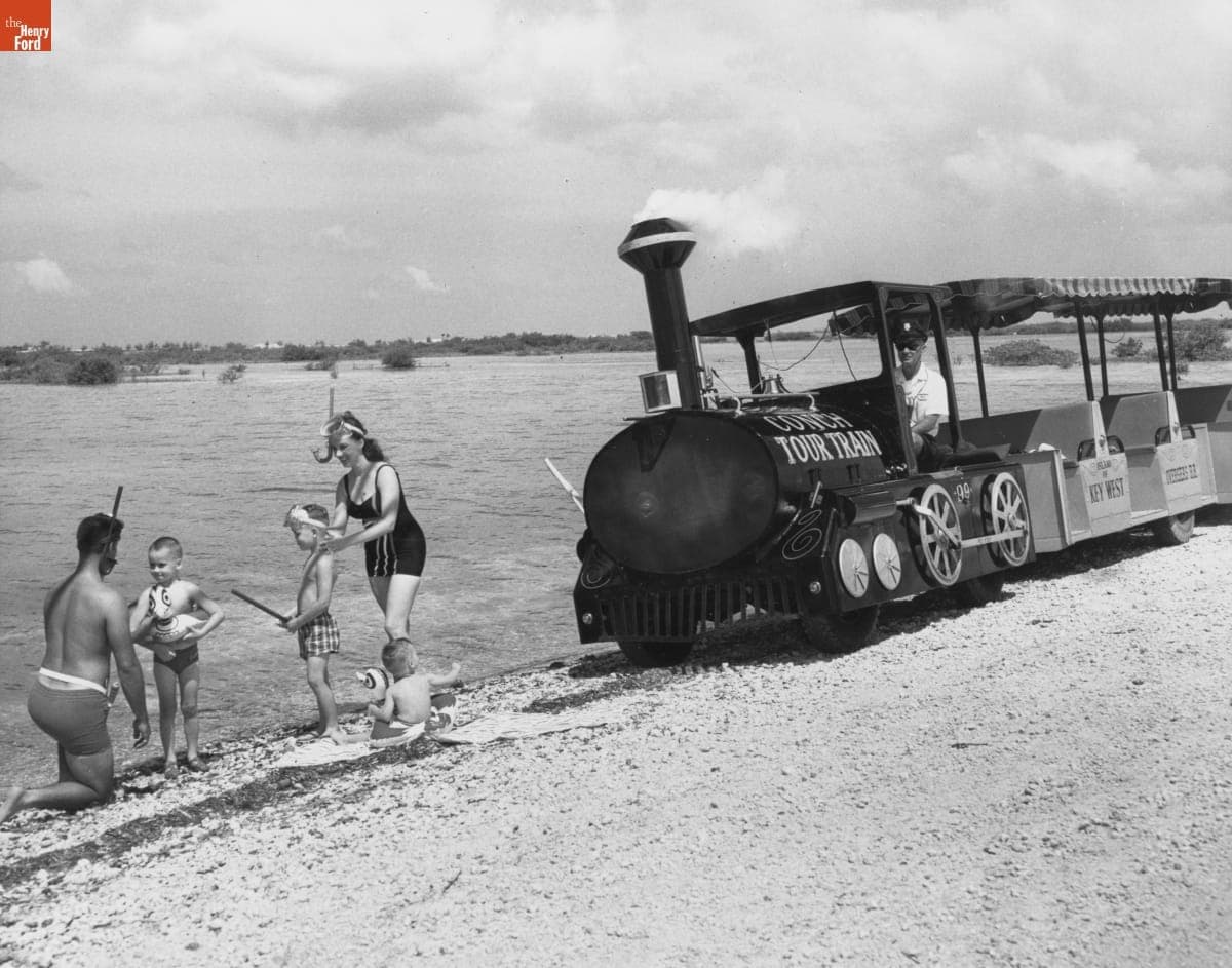 Tourists in Key West, Florida with the Conch Tour Train, 1962