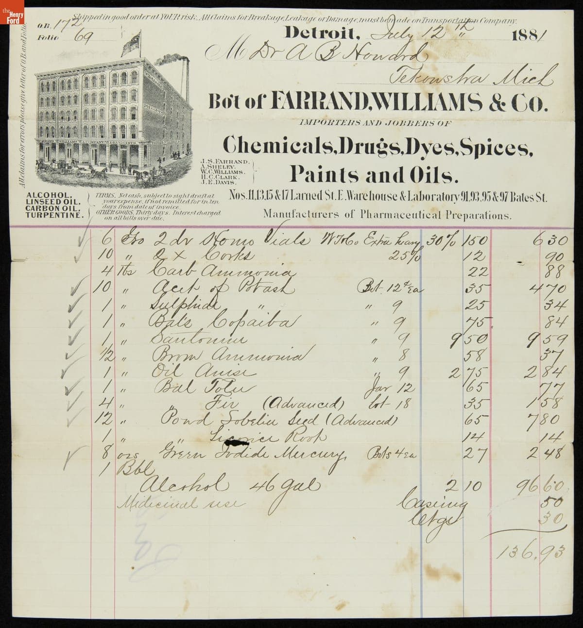 Invoice from Farrand, Williams & Co., July 12, 1881