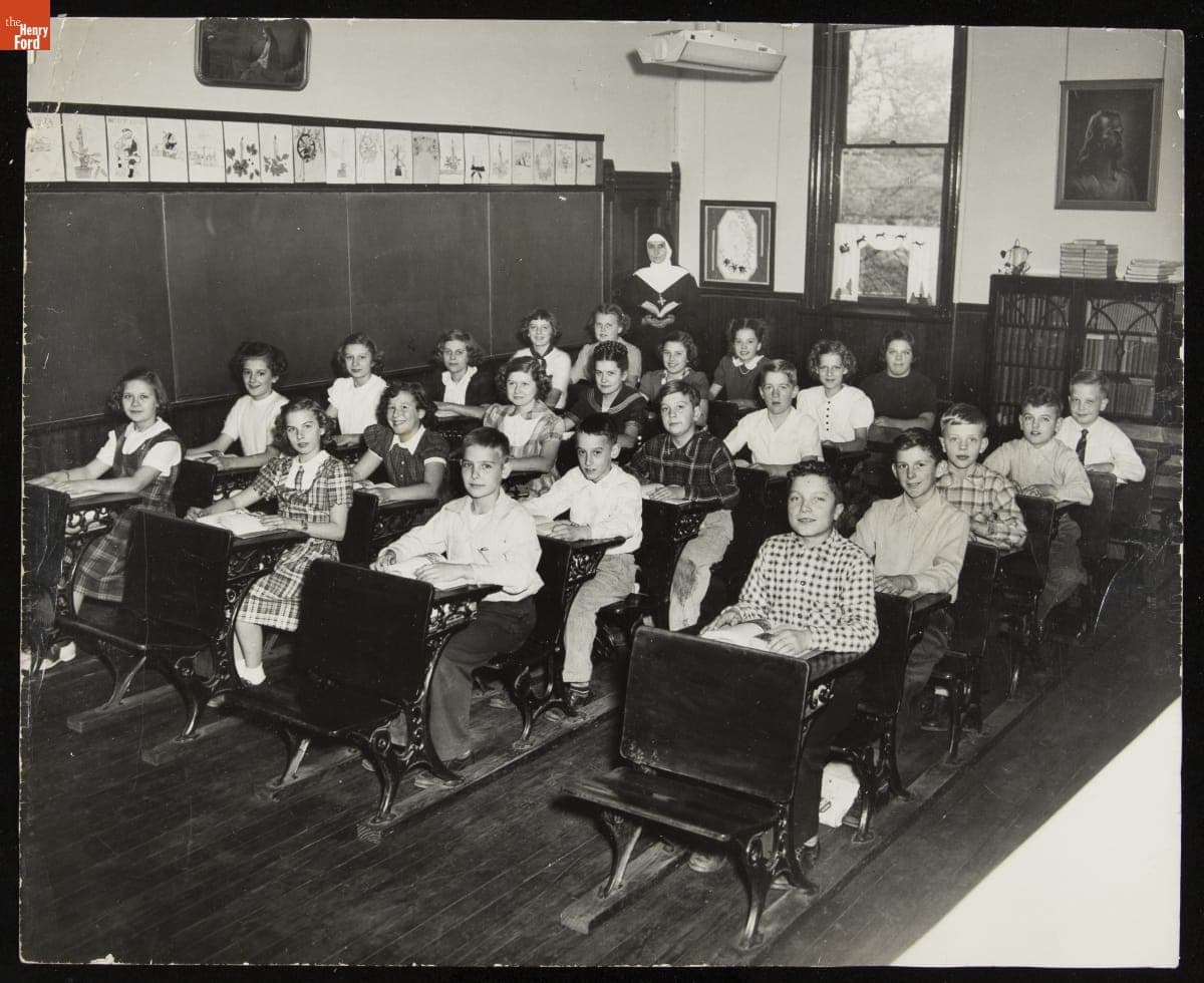 A Nun and Her Students in a Classroom at St. Hedwig School, South Bend, Indiana, 1950