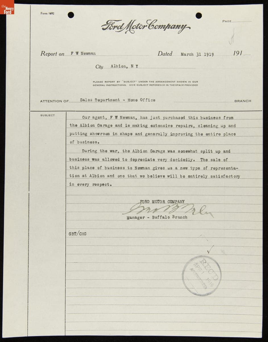 Manager Report for F.W. Newman, Albion, New York, March 31, 1919