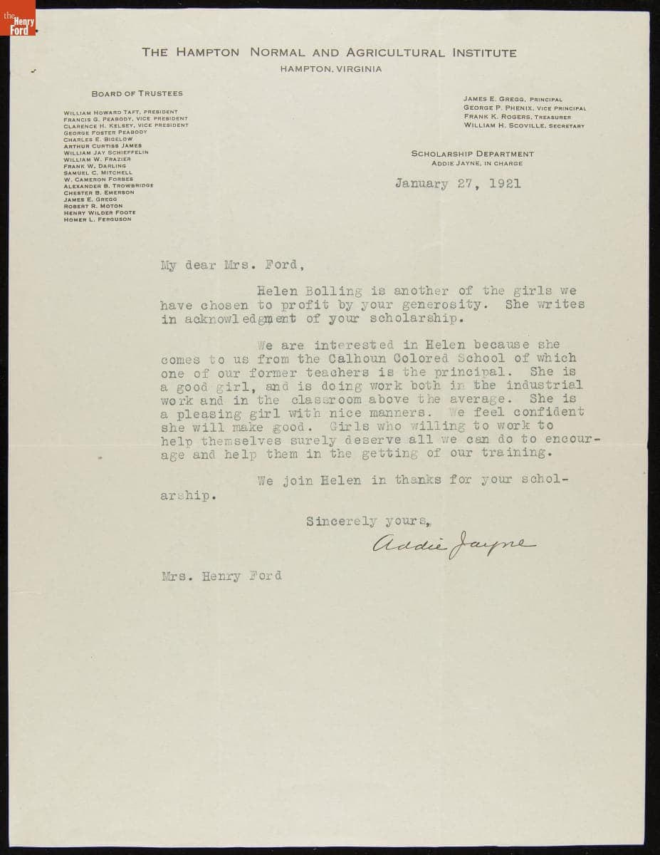 Letters to Clara Ford from a Hampton Institute Student and Her Scholarship Department Leader, 1920-1921