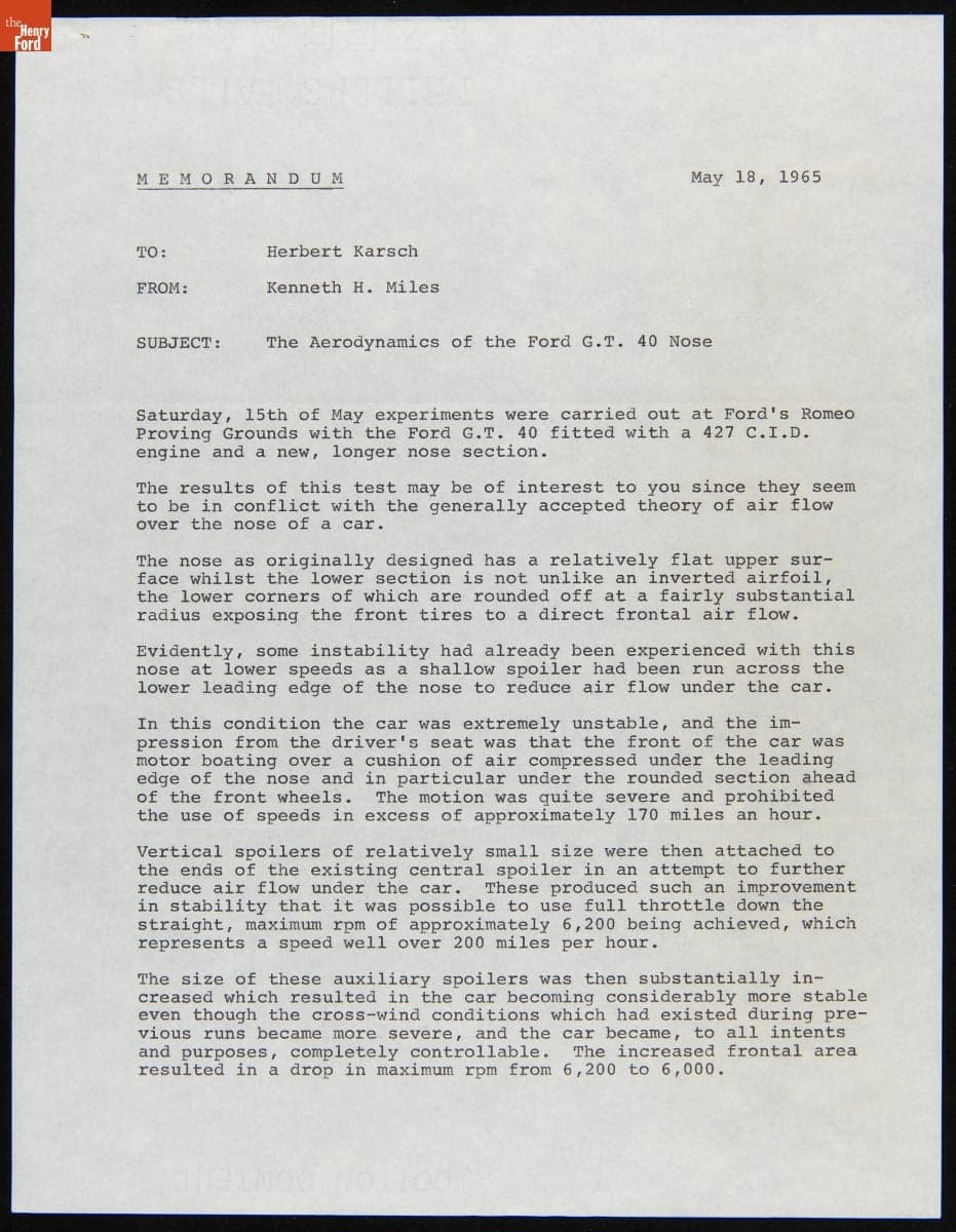 Memorandum, "The Aerodynamics of the Ford GT40 Nose," May 18, 1965
