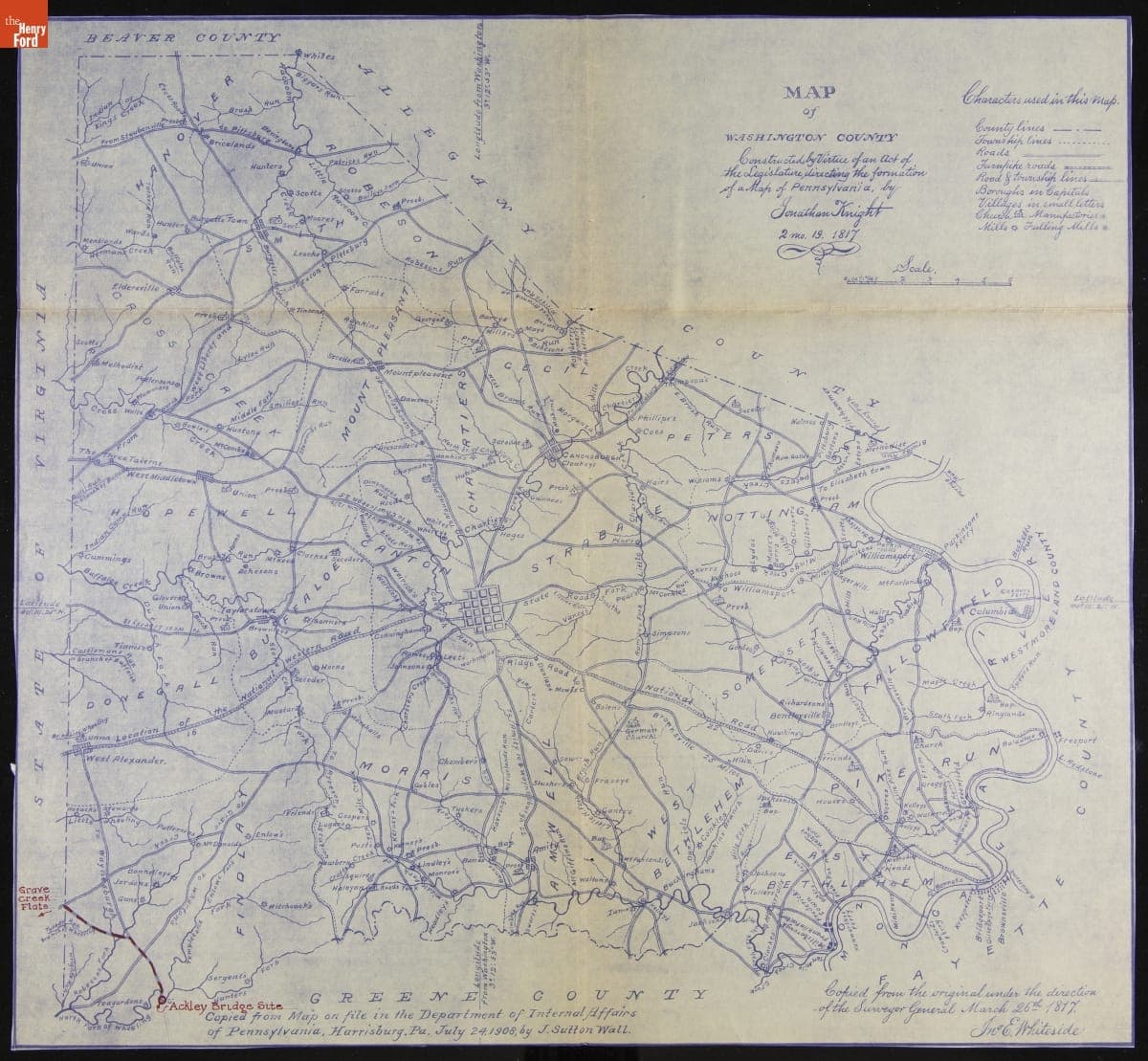 Map of Washington County, Pennsylvania, Showing the Original Site of Ackley Covered Bridge, 1908