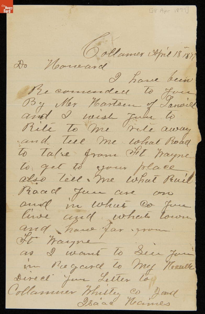 Letter from Isaac Haines to Dr. Alonson Howard, April 18, 1877