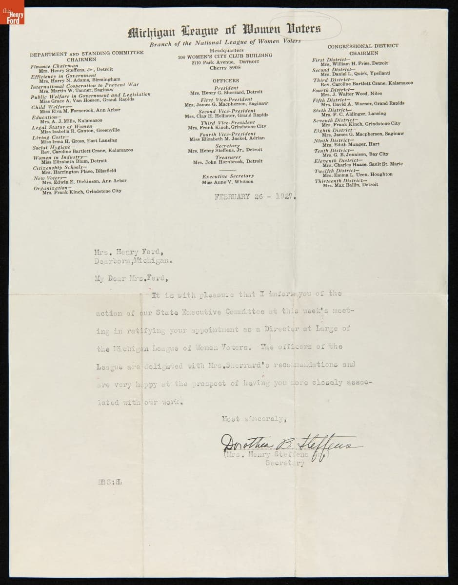 Letter from the Michigan League of Women Voters to Clara Ford (Mrs. Henry Ford), February 26, 1927