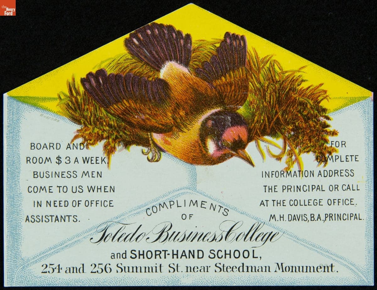 Trade Card for the Toledo Business College, Matthew H. Davis, 1881-1894