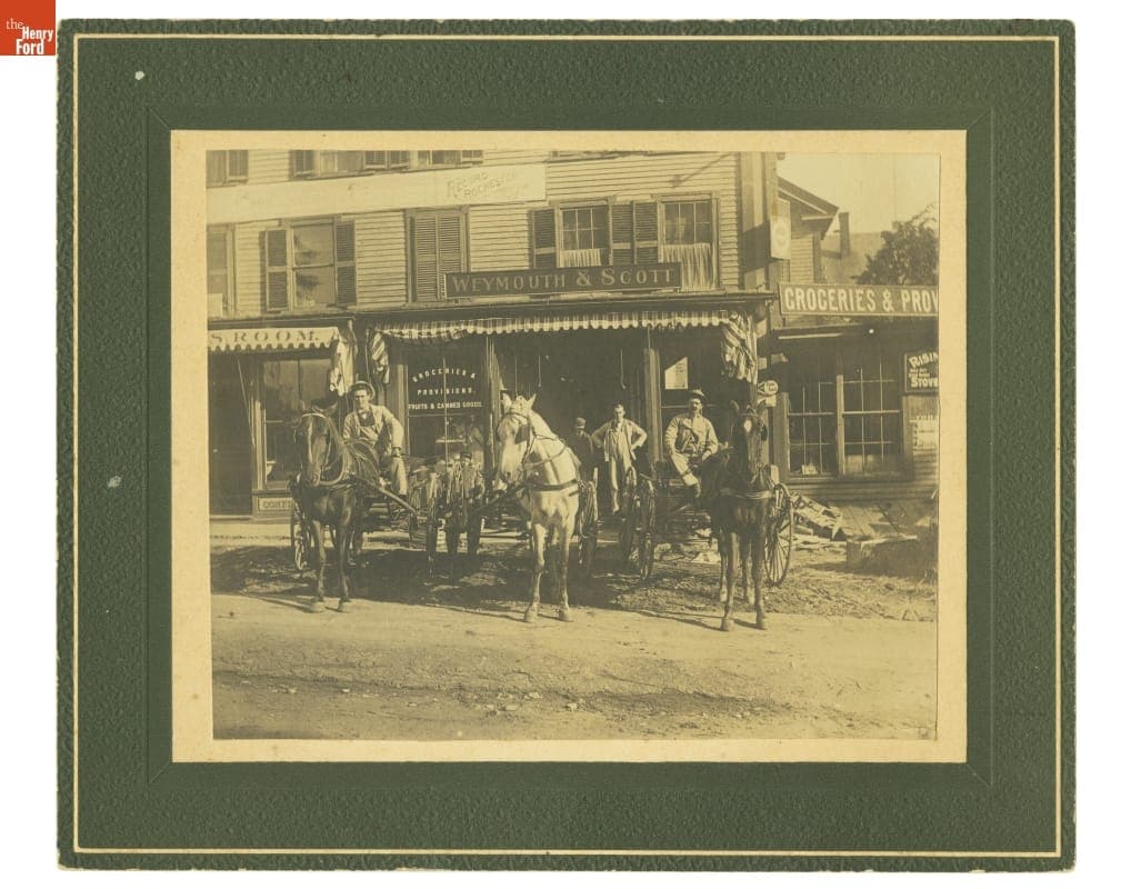 Horse-Drawn Vehicles in Front of Grocery Store in Rochester, New Hampshire, circa 1910